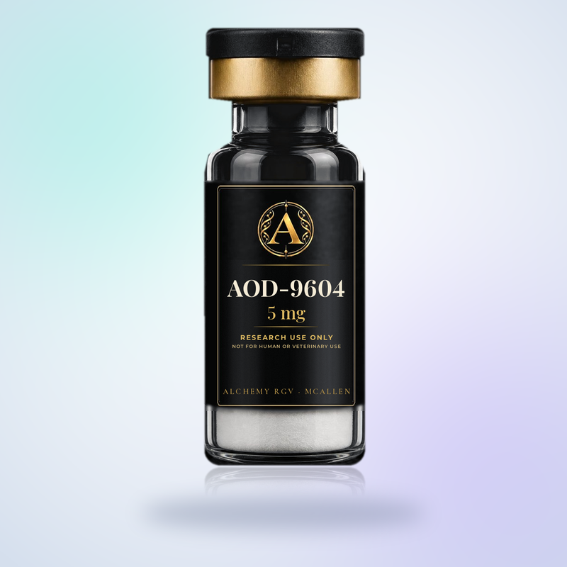 AOD-9604 5 mg vial with Alchemy RGV label, research use only