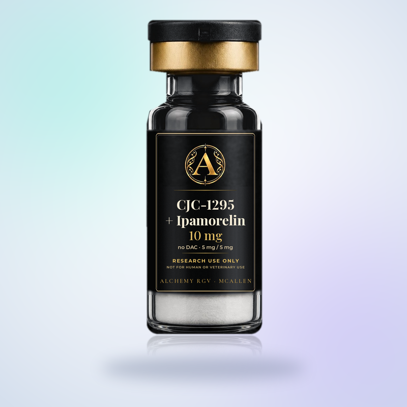 CJC-1295 no DAC 5mg + Ipamorelin 5mg 10 mg vial with Alchemy RGV label, research use only