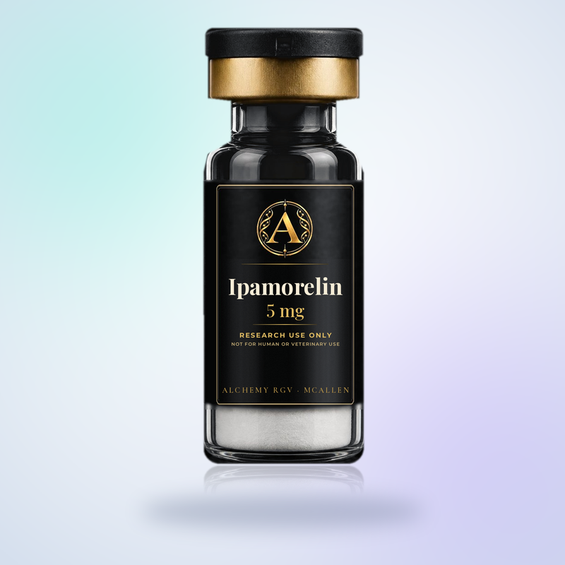 Ipamorelin 5 mg vial with Alchemy RGV label, research use only