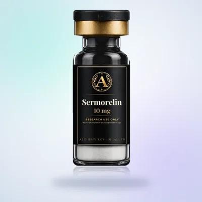 Sermorelin 10 mg vial with Alchemy RGV label, research use only
